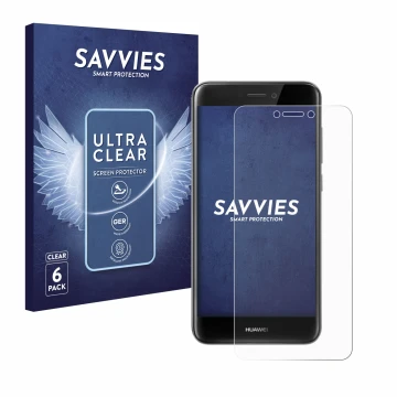 Parte frontale di una confezione del prodotto con il logo del marchio Savvies. Accanto è raffigurato il dispositivo Huawei P8 