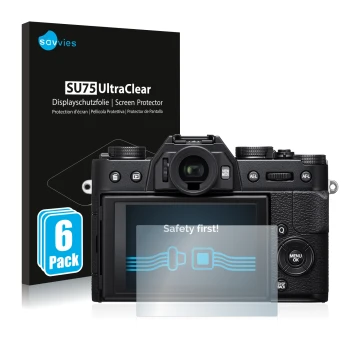 Parte frontale di una confezione del prodotto con il logo del marchio Savvies. Accanto è raffigurato il dispositivo Fujifilm X