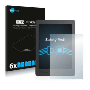 Parte frontale di una confezione del prodotto con il logo del marchio Savvies. Accanto è raffigurato il dispositivo Kobo Aura 