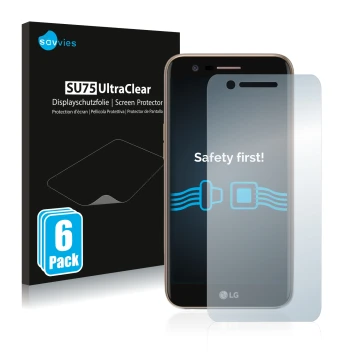 Parte frontale di una confezione del prodotto con il logo del marchio Savvies. Accanto è raffigurato il dispositivo LG K10 201