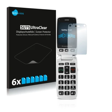 Parte frontale di una confezione del prodotto con il logo del marchio Savvies. Accanto è raffigurato il dispositivo Doro Primo