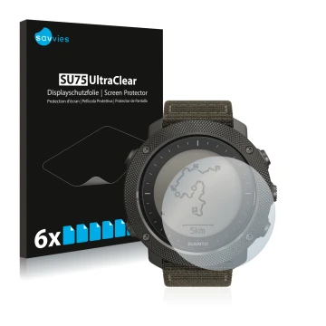 Parte frontale di una confezione del prodotto con il logo del marchio Savvies. Accanto è raffigurato il dispositivo Suunto Tra