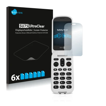 Parte frontale di una confezione del prodotto con il logo del marchio Savvies. Accanto è raffigurato il dispositivo Doro 6050 