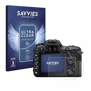 Parte frontale di una confezione del prodotto con il logo del marchio Savvies. Accanto è raffigurato il dispositivo Nikon D750