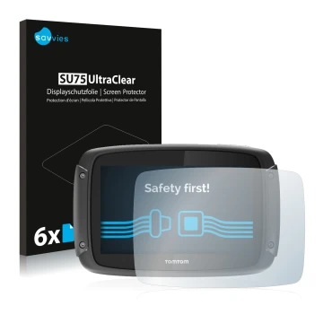 Parte frontale di una confezione del prodotto con il logo del marchio Savvies. Accanto è raffigurato il dispositivo TomTom Rid