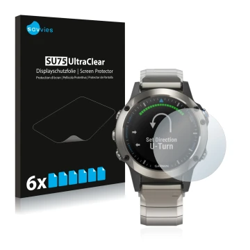 Parte frontale di una confezione del prodotto con il logo del marchio Savvies. Accanto è raffigurato il dispositivo Garmin qua