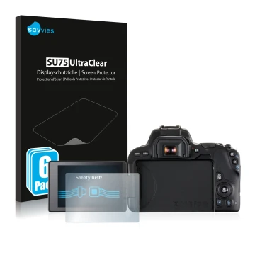 Parte frontale di una confezione del prodotto con il logo del marchio Savvies. Accanto è raffigurato il dispositivo Canon EOS 