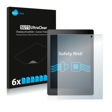 Parte frontale di una confezione del prodotto con il logo del marchio Savvies. Accanto è raffigurato il dispositivo Kobo Aura 