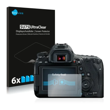 Parte frontale di una confezione del prodotto con il logo del marchio Savvies. Accanto è raffigurato il dispositivo Canon EOS 