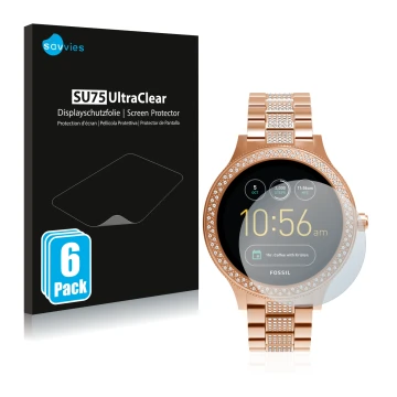 Parte frontale di una confezione del prodotto con il logo del marchio Savvies. Accanto è raffigurato il dispositivo Fossil Q V