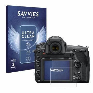 Parte frontale di una confezione del prodotto con il logo del marchio Savvies. Accanto è raffigurato il dispositivo Nikon D850