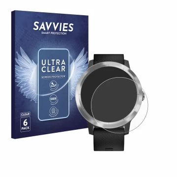Parte frontale di una confezione del prodotto con il logo del marchio Savvies. Accanto è raffigurato il dispositivo Garmin viv