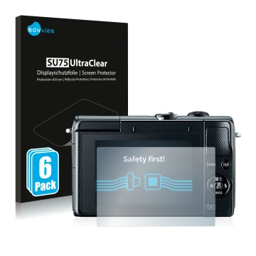 Parte frontale di una confezione del prodotto con il logo del marchio Savvies. Accanto è raffigurato il dispositivo Canon EOS 