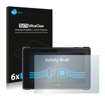 Parte frontale di una confezione del prodotto con il logo del marchio Savvies. Accanto è raffigurato il dispositivo TomTom Pro