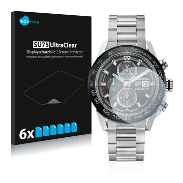 Parte frontale di una confezione del prodotto con il logo del marchio Savvies. Accanto è raffigurato il dispositivo TAG Heuer 