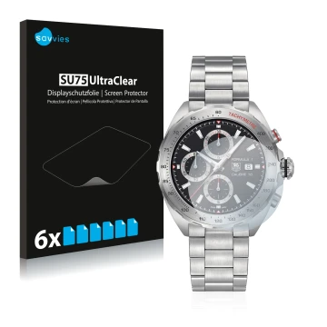 Parte frontale di una confezione del prodotto con il logo del marchio Savvies. Accanto è raffigurato il dispositivo TAG Heuer 