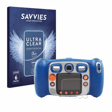 Parte frontale di una confezione del prodotto con il logo del marchio Savvies. Accanto è raffigurato il dispositivo Vtech Kidi