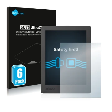 Parte frontale di una confezione del prodotto con il logo del marchio Savvies. Accanto è raffigurato il dispositivo Kobo Aura 