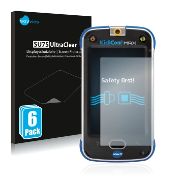 Parte frontale di una confezione del prodotto con il logo del marchio Savvies. Accanto è raffigurato il dispositivo Vtech Kidi