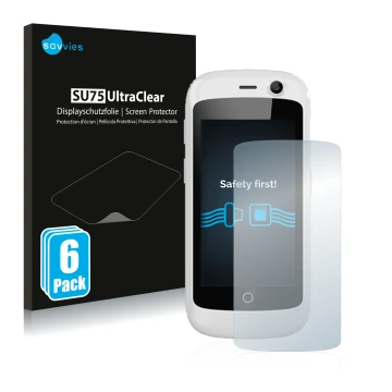 Parte frontale di una confezione del prodotto con il logo del marchio Savvies. Accanto è raffigurato il dispositivo Unihertz J