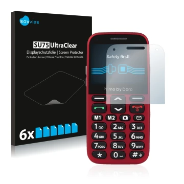 Parte frontale di una confezione del prodotto con il logo del marchio Savvies. Accanto è raffigurato il dispositivo Doro Primo