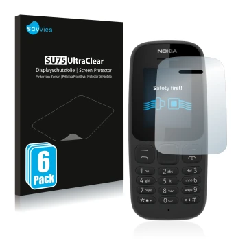 Parte frontale di una confezione del prodotto con il logo del marchio Savvies. Accanto è raffigurato il dispositivo Nokia 105 