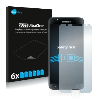Parte frontale di una confezione del prodotto con il logo del marchio Savvies. Accanto è raffigurato il dispositivo Samsung Ga
