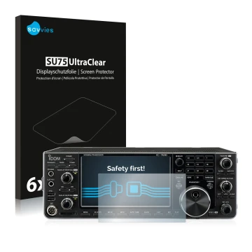 Parte frontale di una confezione del prodotto con il logo del marchio Savvies. Accanto è raffigurato il dispositivo Icom IC-76