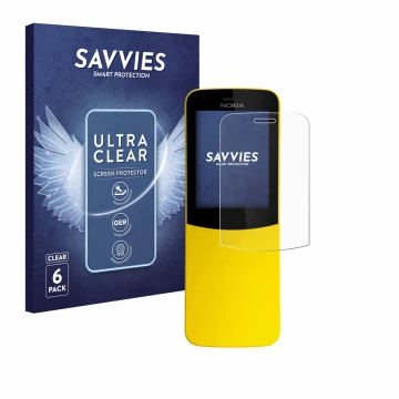 Parte frontale di una confezione del prodotto con il logo del marchio Savvies. Accanto è raffigurato il dispositivo Nokia 8110