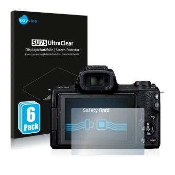 Parte frontale di una confezione del prodotto con il logo del marchio Savvies. Accanto è raffigurato il dispositivo Canon EOS 