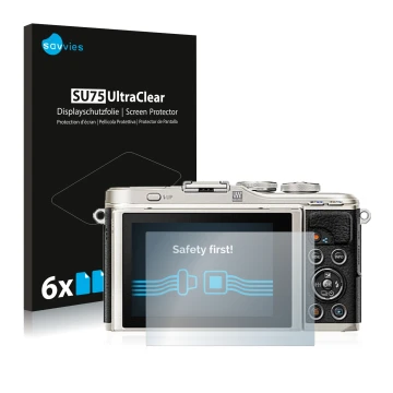 Parte frontale di una confezione del prodotto con il logo del marchio Savvies. Accanto è raffigurato il dispositivo Olympus PE