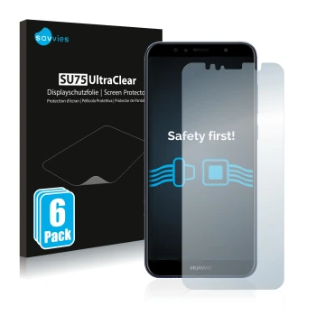 Parte frontale di una confezione del prodotto con il logo del marchio Savvies. Accanto è raffigurato il dispositivo Huawei Y6 
