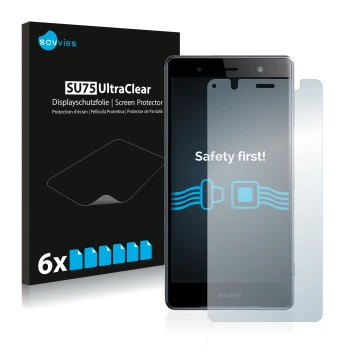 Parte frontale di una confezione del prodotto con il logo del marchio Savvies. Accanto è raffigurato il dispositivo Sony Xperi