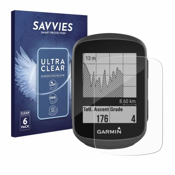 Parte frontale di una confezione del prodotto con il logo del marchio Savvies. Accanto è raffigurato il dispositivo Garmin Edg