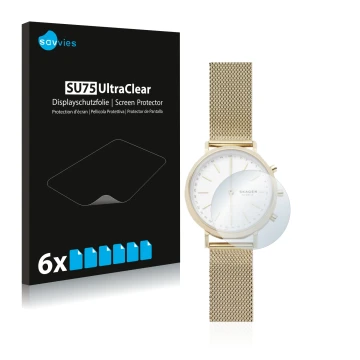 Parte frontale di una confezione del prodotto con il logo del marchio Savvies. Accanto è raffigurato il dispositivo Skagen Hyb