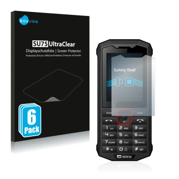 Parte frontale di una confezione del prodotto con il logo del marchio Savvies. Accanto è raffigurato il dispositivo Crosscall 