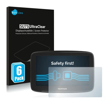 Parte frontale di una confezione del prodotto con il logo del marchio Savvies. Accanto è raffigurato il dispositivo TomTom GO 