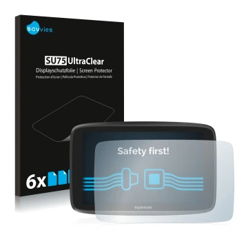 Parte frontale di una confezione del prodotto con il logo del marchio Savvies. Accanto è raffigurato il dispositivo TomTom GO 