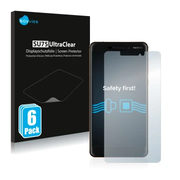 Parte frontale di una confezione del prodotto con il logo del marchio Savvies. Accanto è raffigurato il dispositivo Nokia 6.1 