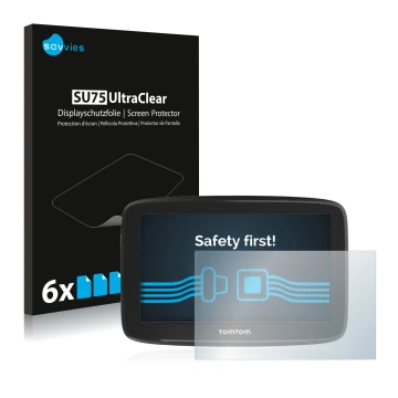 Parte frontale di una confezione del prodotto con il logo del marchio Savvies. Accanto è raffigurato il dispositivo TomTom GO 