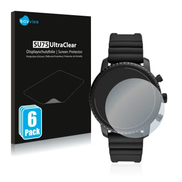 Parte frontale di una confezione del prodotto con il logo del marchio Savvies. Accanto è raffigurato il dispositivo Fossil Q E