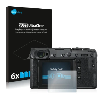 Parte frontale di una confezione del prodotto con il logo del marchio Savvies. Accanto è raffigurato il dispositivo Fujifilm G