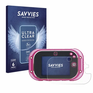 Parte frontale di una confezione del prodotto con il logo del marchio Savvies. Accanto è raffigurato il dispositivo Vtech Kidi