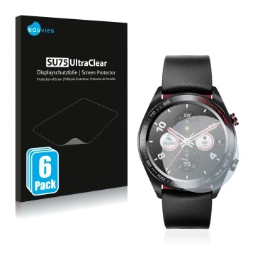 Parte frontale di una confezione del prodotto con il logo del marchio Savvies. Accanto è raffigurato il dispositivo Honor Watc