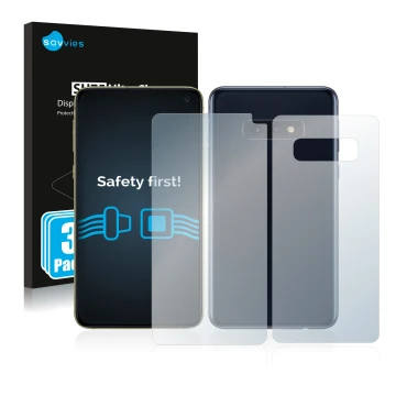 Parte frontale di una confezione del prodotto con il logo del marchio Savvies. Accanto è raffigurato il dispositivo Samsung Ga