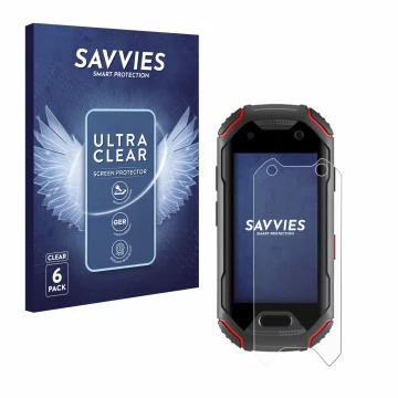 Parte frontale di una confezione del prodotto con il logo del marchio Savvies. Accanto è raffigurato il dispositivo Unihertz A