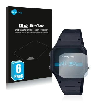 Parte frontale di una confezione del prodotto con il logo del marchio Savvies. Accanto è raffigurato il dispositivo Casio Unis