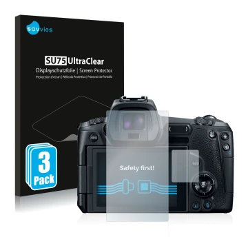 Parte frontale di una confezione del prodotto con il logo del marchio Savvies. Accanto è raffigurato il dispositivo Canon EOS 