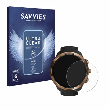 Parte frontale di una confezione del prodotto con il logo del marchio Savvies. Accanto è raffigurato il dispositivo Suunto 9 B