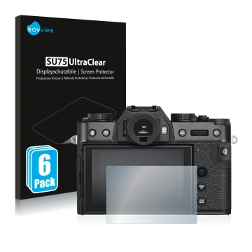 Parte frontale di una confezione del prodotto con il logo del marchio Savvies. Accanto è raffigurato il dispositivo Fujifilm X